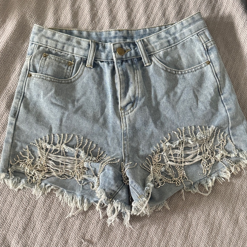 Frayed Hem Light Blue Denim Shorts